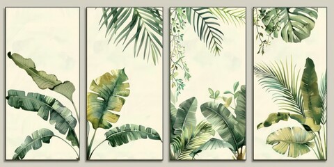 Four-piece wall art set with modern watercolor paintings of palm trees, banana leaves, monstera leaves, and a tropical vine in muted tones.