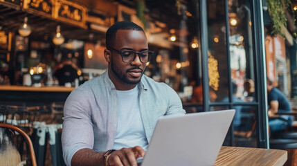 Fototapeta premium An entrepreneur reviewing market trends on a laptop while sitting in a cafe
