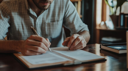 An entrepreneur writing a business plan in a home office with a focus on creative solutions