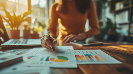 Fototapeta premium An entrepreneur writing a business plan in a home office with a focus on creative solutions