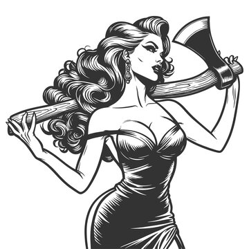recommend clip art: pin-up woman in a form-fitting tight dress with axe over her shoulder sketch engraving generative ai fictional character raster illustration. Scratch board imitation. Black and white image.