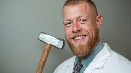 A man in a white lab coat holding up an axe, AI