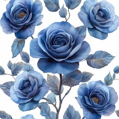 Blue roses with green leaves on a white background.
