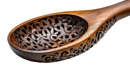 Wooden spoon with intricate carvings, showcasing detailed floral and swirling patterns, beautifully polished finish reflecting light