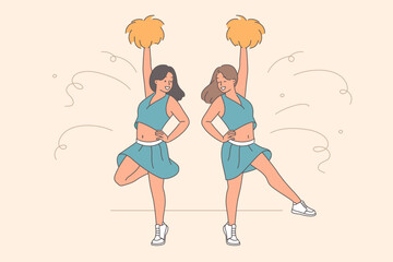 Girls cheerleaders with pumpons on their hands jump to support football team in important match