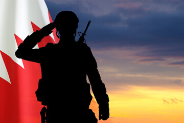 Silhouette of a soldier with Bahrain flag against the sunset. National Holidays concept