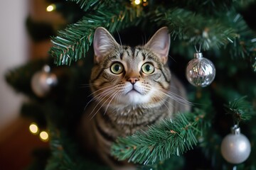 Obraz premium Adorable cat climbed onto decorated festive Christmas tree. Playful curious kitty sits comfortably among branches and glowing garland lights. Holiday mischief and joy, for poster greeting card, banner