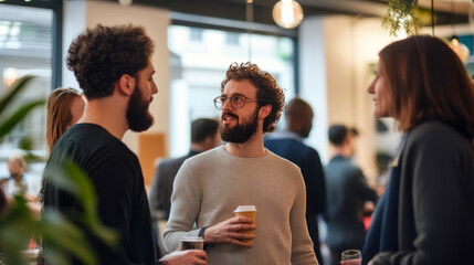 Entrepreneurs networking at a startup event, exchanging ideas for collaboration