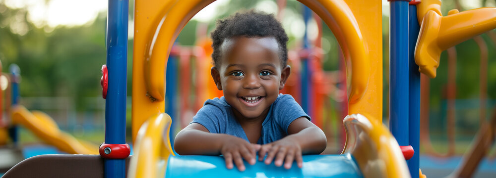 Smiling toddler playing on playground slide with family in summer park