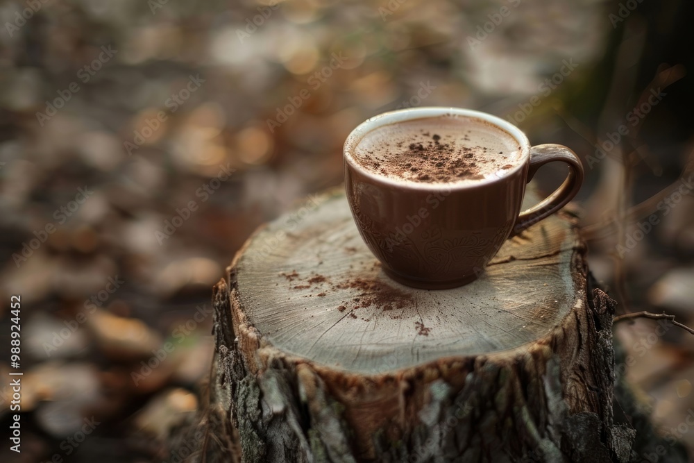 Poster Cocoa on tree stump coffee plant drink.