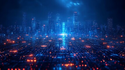 Futuristic digital city skyline with glowing lights and data streams.