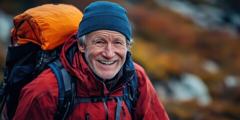 Elderly Man Smiling Outdoors in Hiking Gear: Perfect for Adventure and Outdoor Enthusiast Promotions
