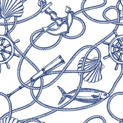 Nautical vintage seamless pattern with node rope, anchor, fish, seashell. Vector hand drawn sketch illustration. Marine travel background. Fashion textile print, fabric, wrapping paper design © Qualit Design
