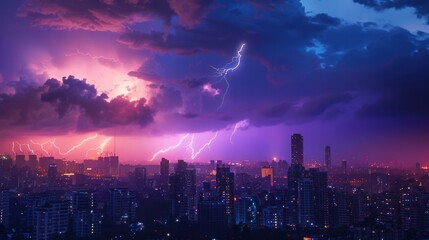 Fototapeta premium Lightning storm over a city, with the skyline glowing under the intense light