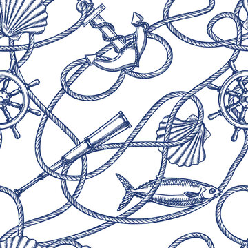 Nautical vintage seamless pattern with node rope, anchor, fish, seashell. Vector hand drawn sketch illustration. Marine travel background. Fashion textile print, fabric, wrapping paper design
