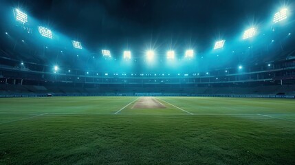 Night cricket match under bright stadium lights