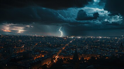 Lightning illuminating the cityscape, with dark clouds and rain creating a moody atmosphere