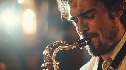A man with a beard plays a saxophone.