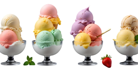 Colorful scoops of ice cream in glass bowls, including flavors like strawberry, mint, lemon, and rainbow with Transparent Background