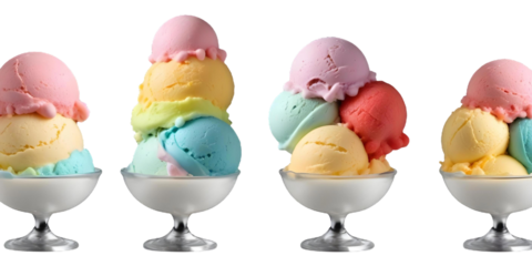 Colorful scoops of ice cream in glass bowls, including flavors like strawberry, mint, lemon, and rainbow with Transparent Background