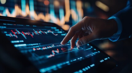A business professional analyzes financial data on a touchscreen device in a modern office environment during nighttime