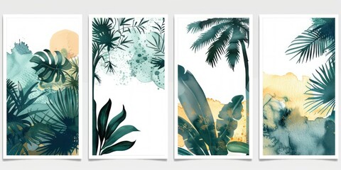 Obraz premium Set of four minimalist watercolor posters showcasing palm tree silhouettes, banana leaves, monstera foliage, and an abstract tropical pattern.
