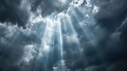 Heavenly light in storm, as rays pierce through dark clouds like divine intervention