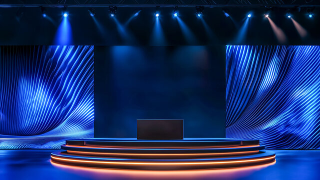 Corporate event stage with immersive lighting effects and a digital backdrop