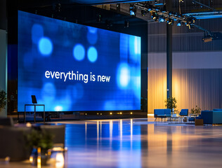 Corporate event stage with immersive lighting effects and a digital backdrop