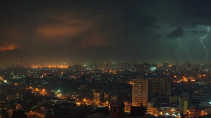 Obraz premium City view with lightning striking multiple buildings, lighting up the night sky