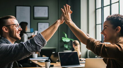 Startup founders celebrating a small business success with a high-five in the office