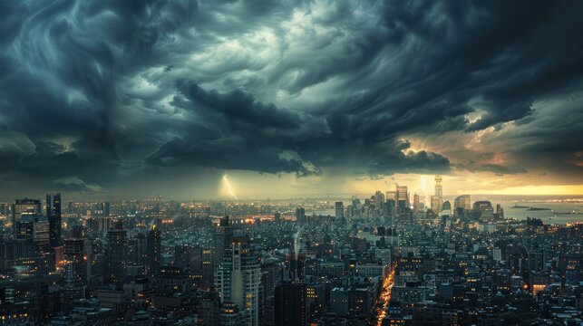 City storm landscape, with dark clouds rolling in and lightning striking the skyline