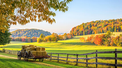 Obraz premium Scenic autumn landscape with a hay wagon in a rural field surrounded by colorful trees and rolling hills under a clear blue sky
