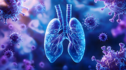Obraz premium Respiratory Syncytial Virus (RSV) in a Respiratory Tract Setting, hues of blues and purples to represent the airway and the virus's impact on respiratory health
