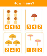 Counting educational children game. Math kids activity sheet. How many counting game with cute mushroom illustration.