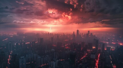 Cityscape under a powerful storm, with lightning creating dramatic contrasts of light and dark