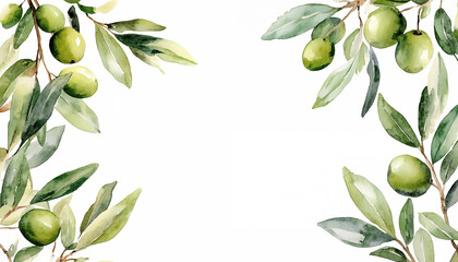 Watercolor painting beautiful olive frame with leaves and green olives on white background with space for text