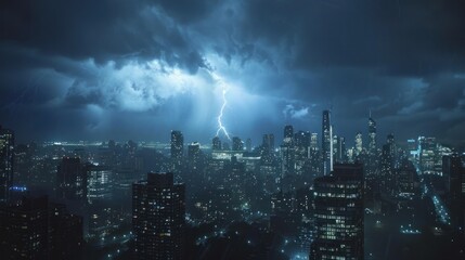 Fototapeta premium City electrical storm, with lightning illuminating skyscrapers and casting long shadows