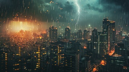 Fototapeta premium City during a storm, with the lights of the buildings flickering under the intense weather