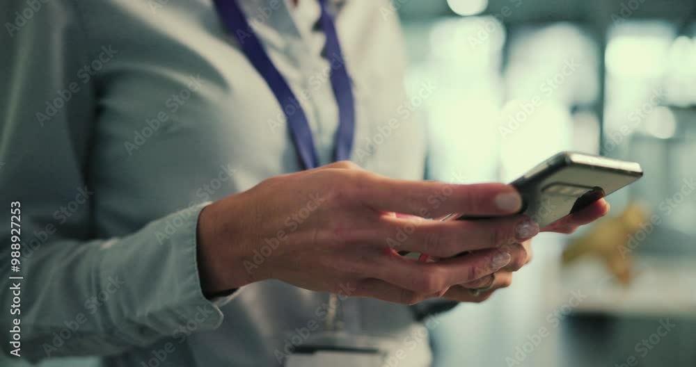 Poster business, hands and woman with smartphone, typing and internet with professional, app and connection