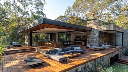 Fototapeta premium Elegant cube home featuring sleek stone exterior and expansive wooden deck, ideal for outdoor entertaining with stylish furniture