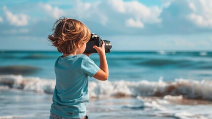 Child photographer, taking pictures of the ocean during a beach trip