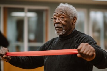 Black senior man practicing with power band on exercise class at residential care home, Generative AI