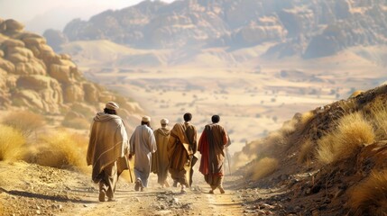Biblical scene showing Jesus walking with his disciples through a desert landscape, discussing God word
