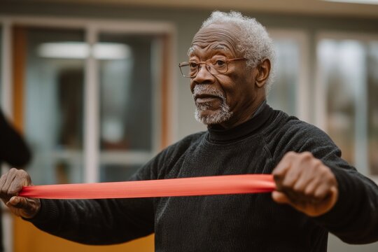 Black senior man practicing with power band on exercise class at residential care home, Generative AI