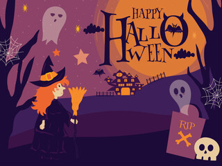 Happy halloween Night banner poster invitation  background With cute cartoon halloween characters Trendy  design illustration 