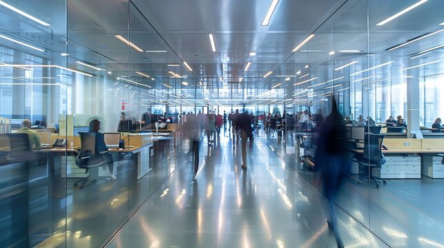 Office life in motion blur, capturing the rapid pace of business, teamwork, and multitasking in the ever-evolving landscape of corporate environments