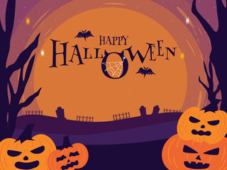 Happy halloween Night banner poster invitation  background With cute cartoon halloween characters Trendy  design illustration 