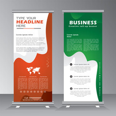 Business roll up banner stand template design, Vertical banner template with orange and green colour, standee for modern advertising, event, welcome, vector