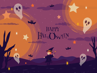 Happy halloween Night banner poster invitation  background With cute cartoon halloween characters Trendy  design illustration 